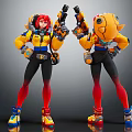 Red Haired Character and Fish Shaped Creature in Vibrant Yellow Blue Outfits Holding Blasters Standing