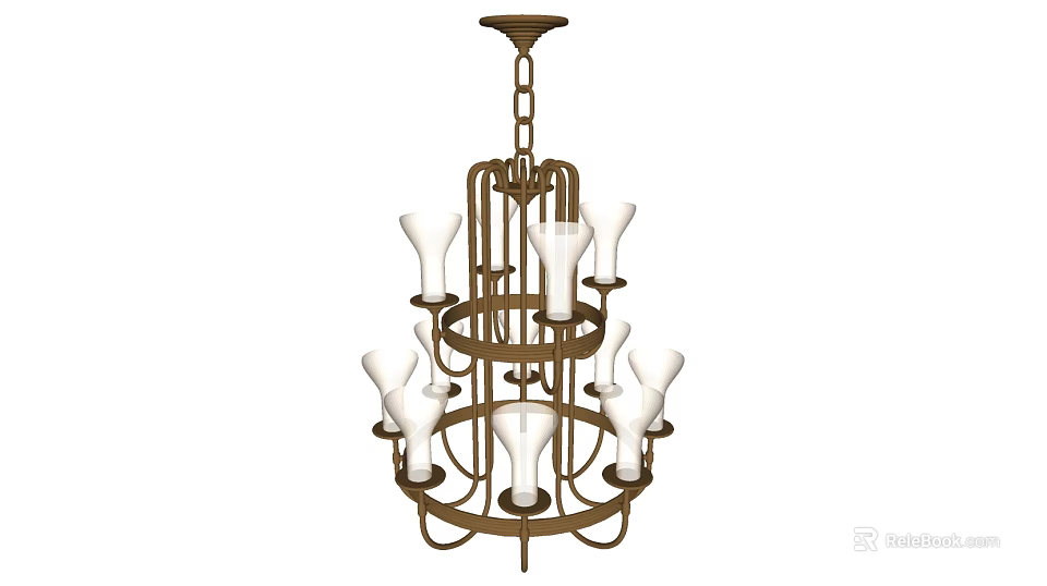 Vintage Multi Tiered Chandelier With White Glass Shades And Metal Hanging Chain 3d model 