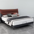 Modern Double Bed With Red Leather Headboard Dark Frame And Patterned Pillows 3d model