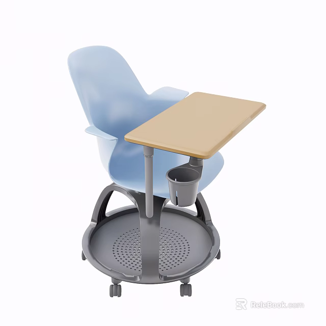 Kids Study Desk With Blue Chair Light Wooden Tabletop Storage Cup And Wheeled Base 3d model 