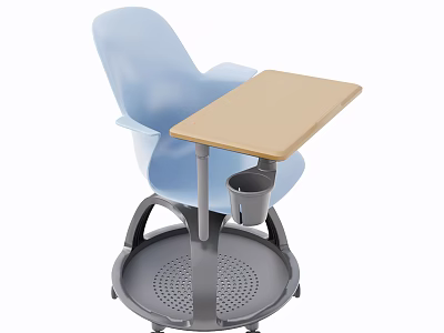 Kids Study Desk With Blue Chair Light Wooden Tabletop Storage Cup And Wheeled Base 3d model