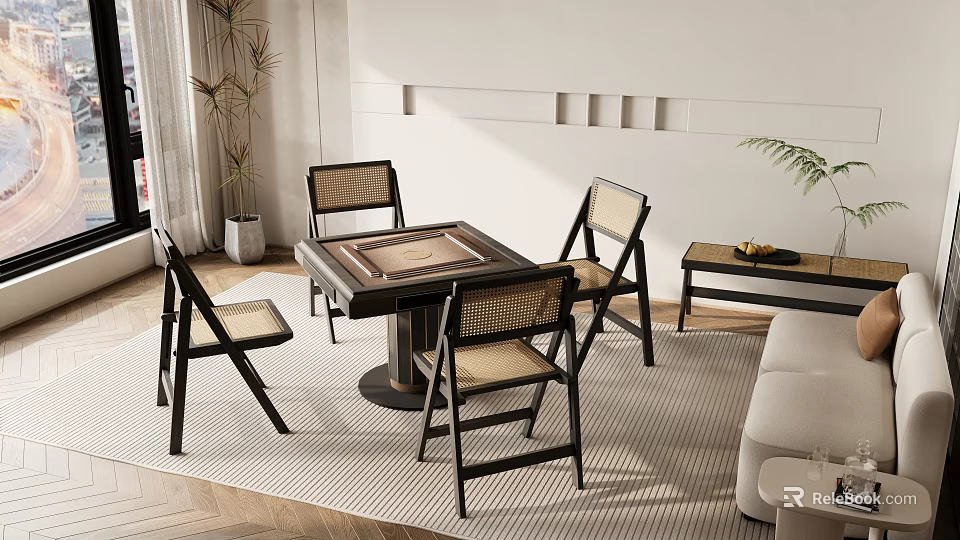 Modern Entertainment Table With Woven Chairs In Contemporary Living Room Setting 3d model 