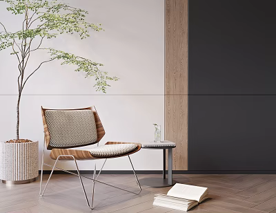 Modern Leisure Chair with Potted Plant Small Round Table Vase and Book on Wooden Floor 3d model