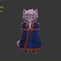 Game Movie Character Gray White Cat In Blue Cloak With Orange Trim Standing Pose