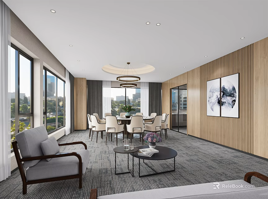 Luxury Private Box Interior With Sofa Dining Table Chandelier And Large Windows 3d model