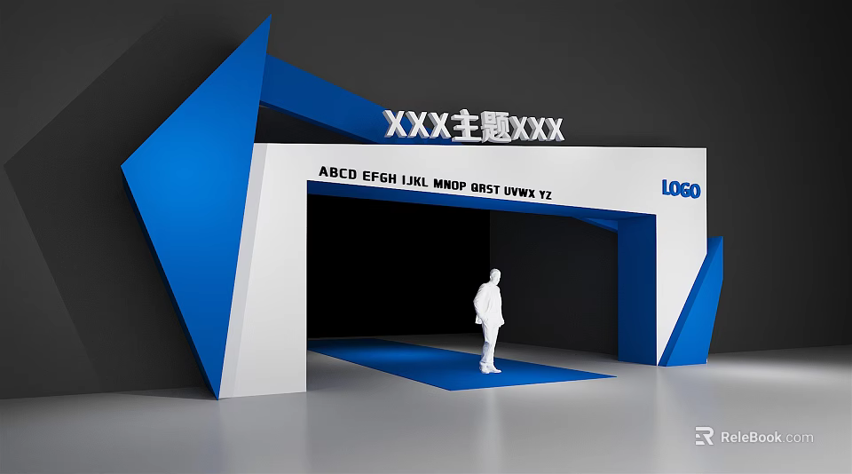 Blue And White Event Archway With Theme Text Logo Person And Carpet 3d model 
