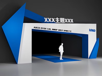 Blue And White Event Archway With Theme Text Logo Person And Carpet 3d model