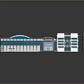 Modern Building Structure With Curved White Roof Green Courtyard And Glass Facade
