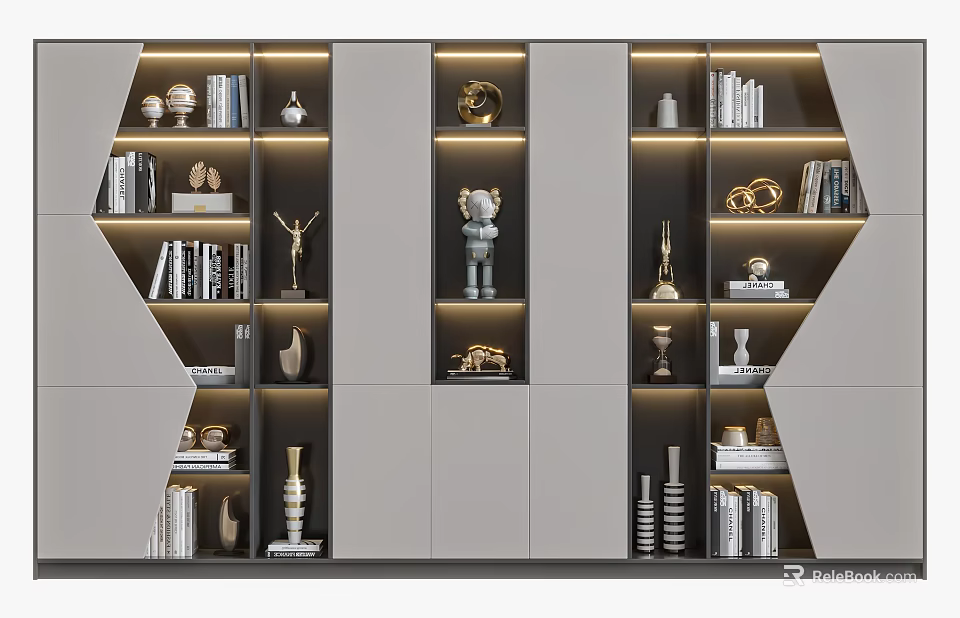 Modern Bookcase Design With Shelves Lighting Books And Decorative Items 3d model 