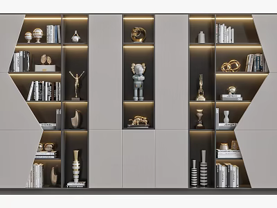 Modern Bookcase Design With Shelves Lighting Books And Decorative Items 3d model
