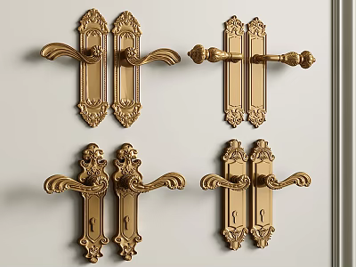 Golden Ornate Door Handles with Intricate Carving and Classic Design Style 3d model
