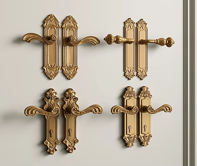 Golden Ornate Door Handles with Intricate Carving and Classic Design Style 3d model