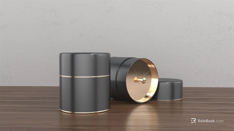 Black Gold Accent Cylindrical Decorative Ornament Set With Open Lid On Wooden Tabletop 3d model 