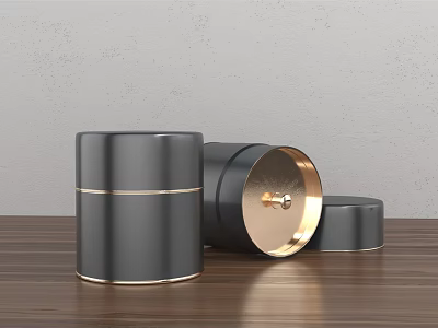 Black Gold Accent Cylindrical Decorative Ornament Set With Open Lid On Wooden Tabletop 3d model