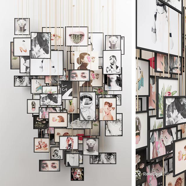 Hanging Photo Wall Decor Featuring Various Sizes Frames Black White And Color 3d model 