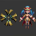 Vibrant Game Character With Blue Hair Colorful Hat And Golden Cross Weapon With Blue Gems