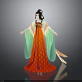 Ancient Costume Female Character In Red Green Robe With Flowing Sleeves And Ornate Hairstyle