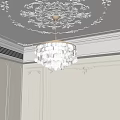 Elegant Brass Chandelier With White Shell Shades On Ornate Ceiling And Paneled Walls