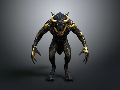 Fierce Mythical Monster Featuring Black Body Yellow Horns Golden Decorations And Sharp Claws 3d model