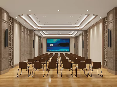 Spacious Modern Conference Room Interior With Neatly Arranged Chairs Large Screen And Wooden Floor 3d model
