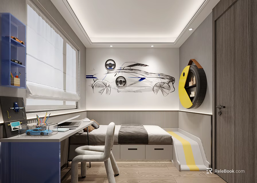 Tatami Bedroom Interior With Study Desk White Chair Car Sketch Wall Art And Storage Drawers 3d model 