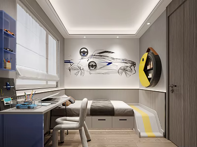 Tatami Bedroom Interior With Study Desk White Chair Car Sketch Wall Art And Storage Drawers 3d model