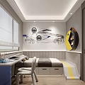 Tatami Bedroom Interior With Study Desk White Chair Car Sketch Wall Art And Storage Drawers