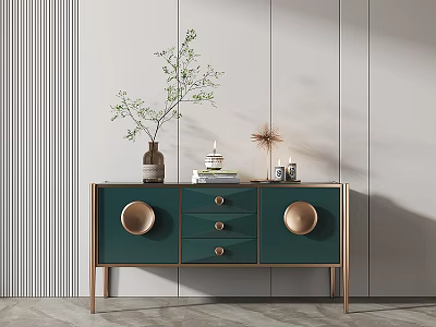 Modern Green Entryway Cabinet Sideboard With Golden Circular Handles And Decorative Vase Books Candle 3d model