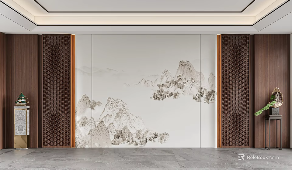 Chinese Style Sofa Background Wall With Ink Landscape And Wooden Decor 3d model 