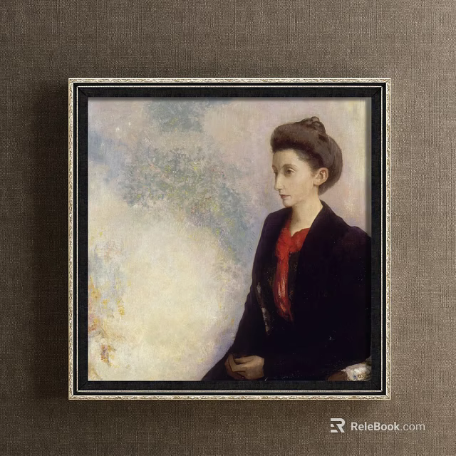 Classic Frame Portrait Painting of a Woman with Updo Hair Dark Coat and Red Blouse 3d model 