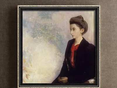 Classic Frame Portrait Painting of a Woman with Updo Hair Dark Coat and Red Blouse 3d model
