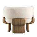 Modern Beige Single Sofa With Wooden Armrests And Matching Ottoman Stool