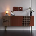 Brown Wooden Entryway Cabinet Sideboard With Grid Pattern Gold Legs Table Lamp And White Flower Vase
