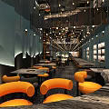 Modern Restaurant Interior With Blue Walls Orange Seats And Marble Tables