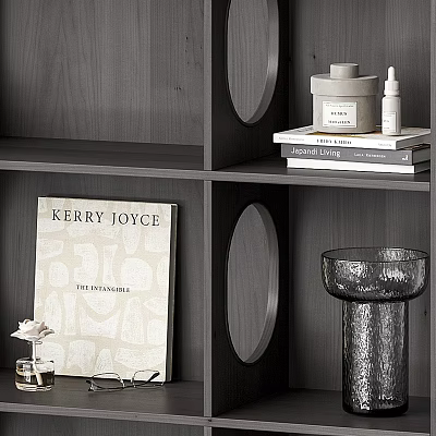 Decorative Ornament and Decor Set with Books Vase Circular Decor on Wooden Shelf 3d model