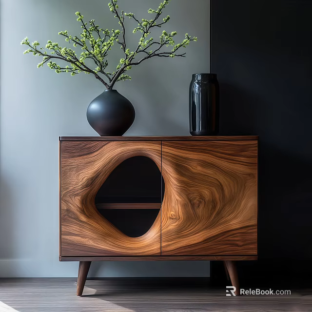 Modern Walnut Wood Entryway Cabinet Sideboard With Round Cutout Design Black Vase And Green Branches 3d model 
