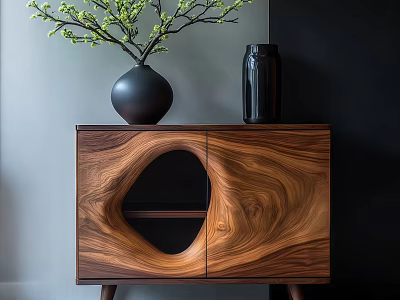 Modern Walnut Wood Entryway Cabinet Sideboard With Round Cutout Design Black Vase And Green Branches 3d model