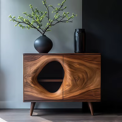 Modern Walnut Wood Entryway Cabinet Sideboard With Round Cutout Design Black Vase And Green Branches 3d model