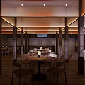 Modern Restaurant Interior With Wooden Ceiling Bar Counter Stools Wine Racks Round Tables And Chairs