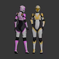 Two Female Characters in Sleek Pink Black and Yellow White Futuristic Costumes Back View