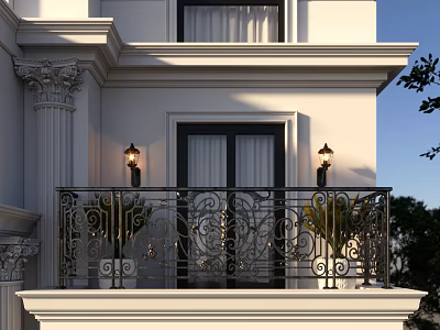 Ornate Balcony Railing on Classical White Building With Intricate Patterns Wall Lamps And Potted Plants 3d model