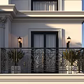 Ornate Balcony Railing on Classical White Building With Intricate Patterns Wall Lamps And Potted Plants