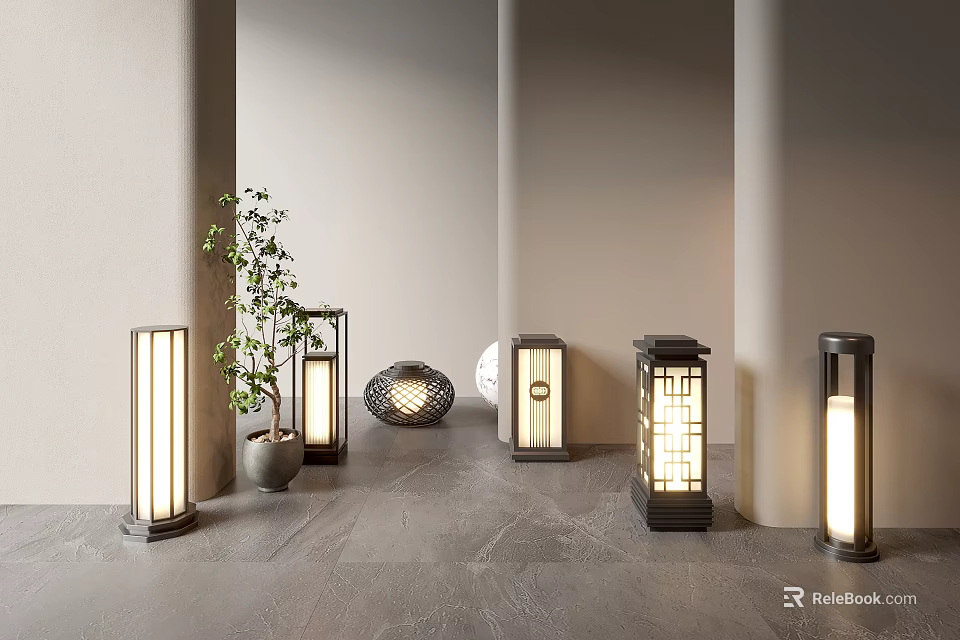 Modern Outdoor Lights With Various Designs In Patio Corridor And Small Plant Warm Glow 3d model 