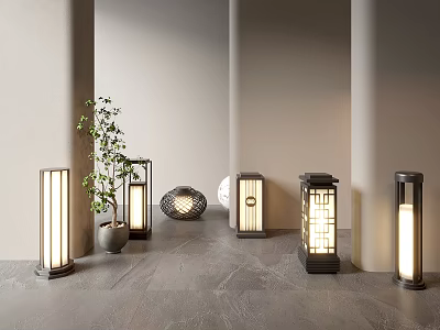 Modern Outdoor Lights With Various Designs In Patio Corridor And Small Plant Warm Glow 3d model