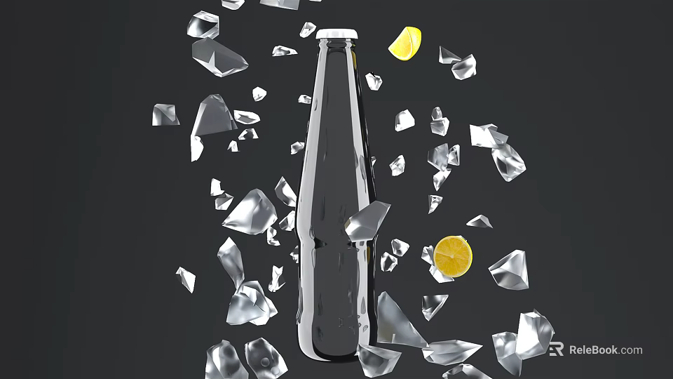 Transparent Glass Bottle Surrounded By Shattered Glass Pieces And Lemon Slices 3d model 