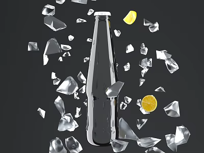 Transparent Glass Bottle Surrounded By Shattered Glass Pieces And Lemon Slices 3d model