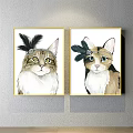 Cat Paintings With Red Gem Headpiece And Feather Decor In Gold Frames