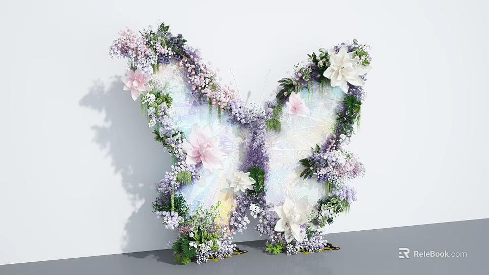 Butterfly Shaped Art Installation With Pink White Purple Flowers Green Leaves and Transparent Wings 3d model 
