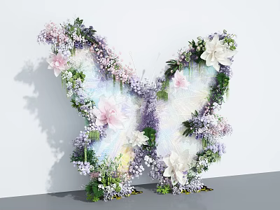 Butterfly Shaped Art Installation With Pink White Purple Flowers Green Leaves and Transparent Wings 3d model