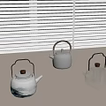 Tea Set Design Featuring Three Teapots White Landscape Painting Transparent Glass On Light Colored Tabletop